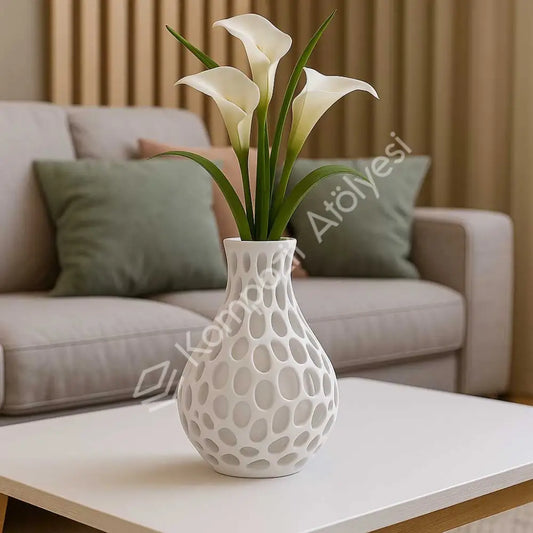 Benek Dokulu 3D Efekt Vazo - Beyaz Vazo
